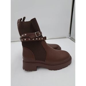 Dream Pair Brown Lug Sole Chunky Heel Platform Chelsea Elastic Mid Calf Boot 6.5